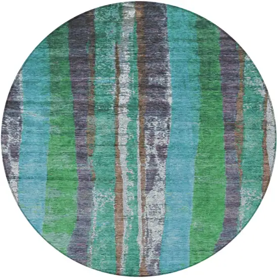 8' Teal Blue Ivory And Green Round Striped Washable Indoor Outdoor Area Rug Photo 3
