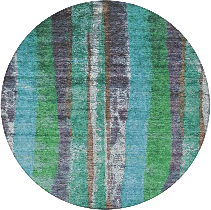 8' Teal Blue Ivory And Green Round Striped Washable Indoor Outdoor Area Rug Photo 3