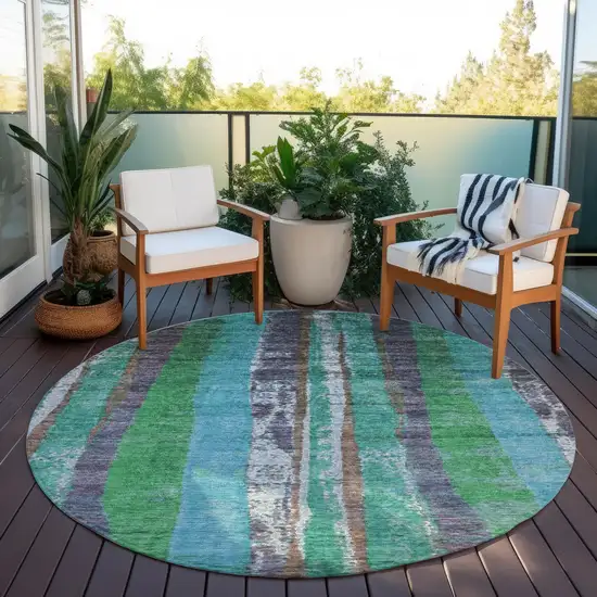 8' Teal Blue Ivory And Green Round Striped Washable Indoor Outdoor Area Rug Photo 5
