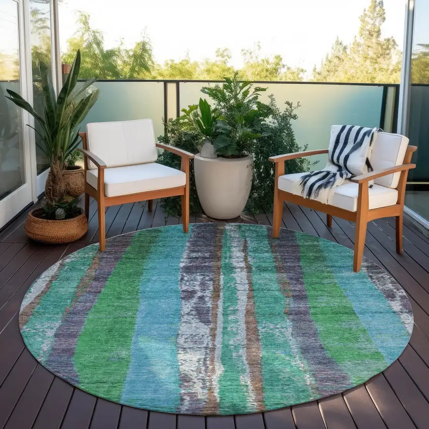 8' Teal Blue Ivory And Green Round Striped Washable Indoor Outdoor Area Rug Photo 5