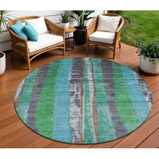 8' Teal Blue Ivory And Green Round Striped Washable Indoor Outdoor Area Rug Photo 2