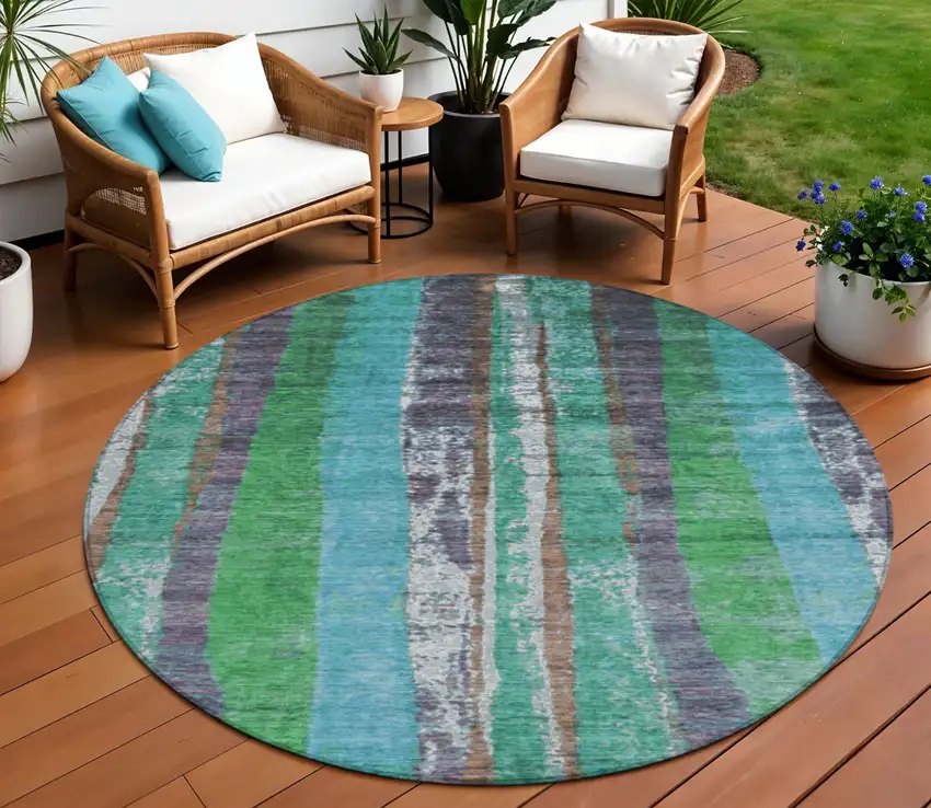 8' Teal Blue Ivory And Green Round Striped Washable Indoor Outdoor Area Rug Photo 2