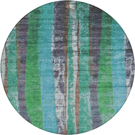 8' Teal Blue Ivory And Green Round Striped Washable Indoor Outdoor Area Rug Photo 1