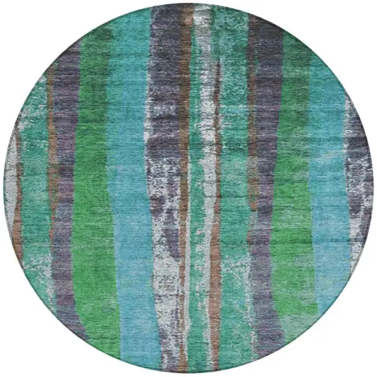 8' Teal Blue Ivory And Green Round Striped Washable Indoor Outdoor Area Rug Photo 4