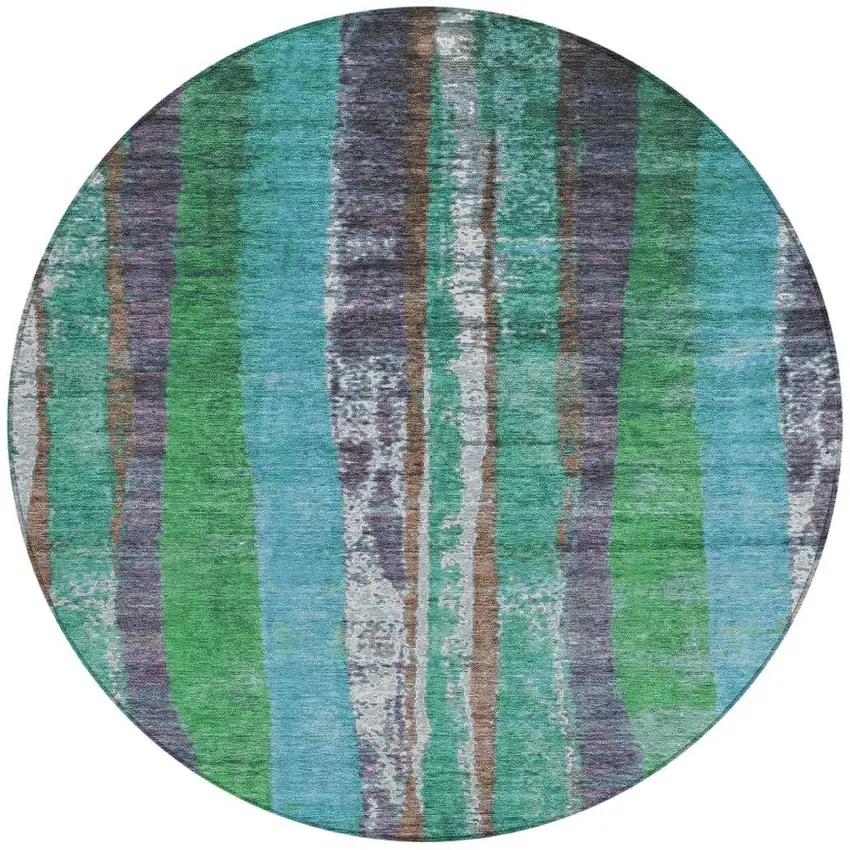 8' Teal Blue Ivory And Green Round Striped Washable Indoor Outdoor Area Rug Photo 4