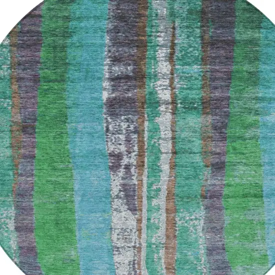 8' Teal Blue Ivory And Green Round Striped Washable Indoor Outdoor Area Rug Photo 8