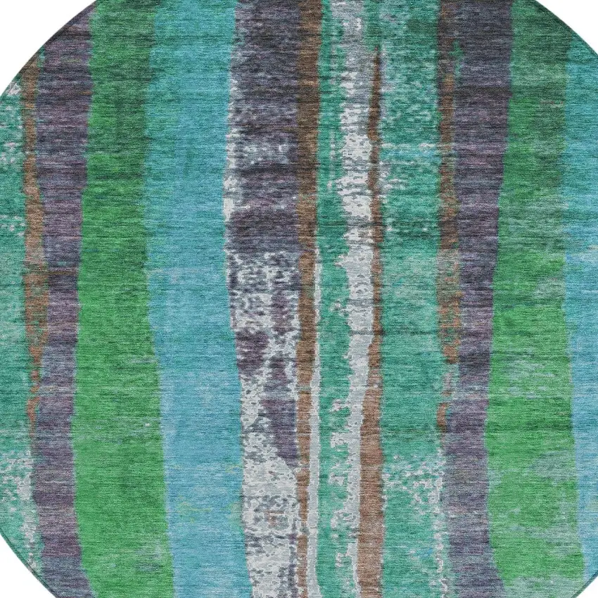 8' Teal Blue Ivory And Green Round Striped Washable Indoor Outdoor Area Rug Photo 8