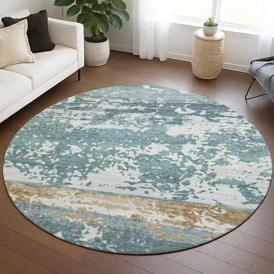 8' Teal Blue Ivory And Khaki Round Striped Washable Indoor Outdoor Area Rug Photo 5