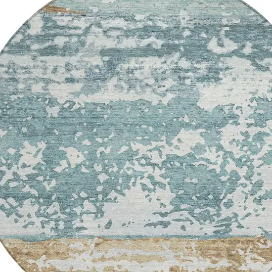 8' Teal Blue Ivory And Khaki Round Striped Washable Indoor Outdoor Area Rug Photo 2