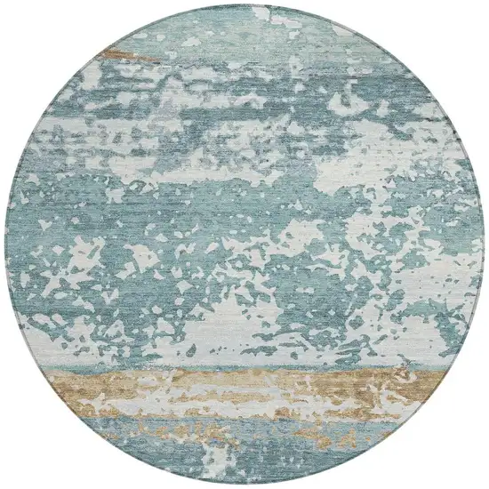 8' Teal Blue Ivory And Khaki Round Striped Washable Indoor Outdoor Area Rug Photo 3