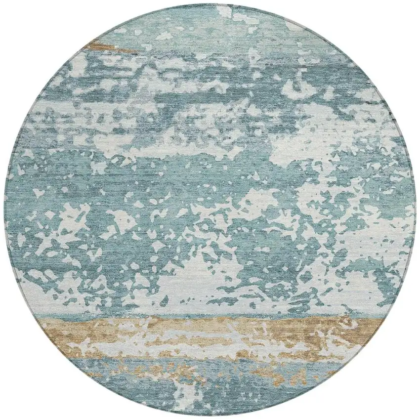 8' Teal Blue Ivory And Khaki Round Striped Washable Indoor Outdoor Area Rug Photo 3