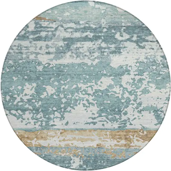 8' Teal Blue Ivory And Khaki Round Striped Washable Indoor Outdoor Area Rug Photo 1