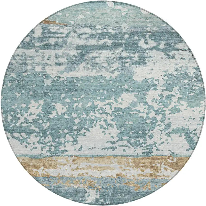 8' Teal Blue Ivory And Khaki Round Striped Washable Indoor Outdoor Area Rug Photo 1