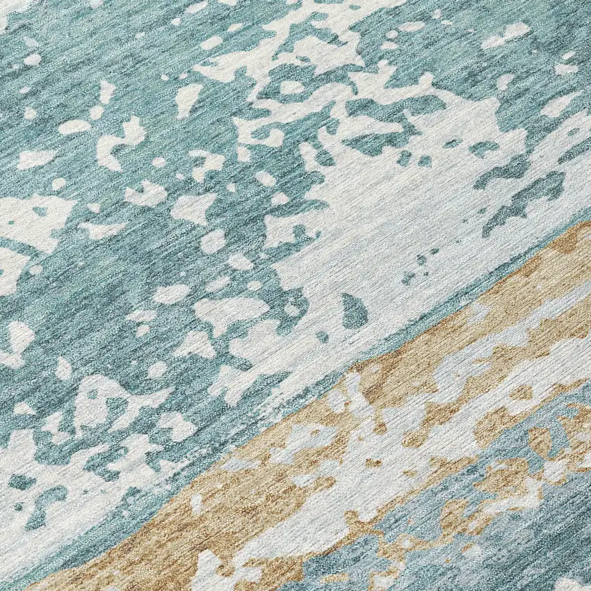 8' Teal Blue Ivory And Khaki Round Striped Washable Indoor Outdoor Area Rug Photo 9