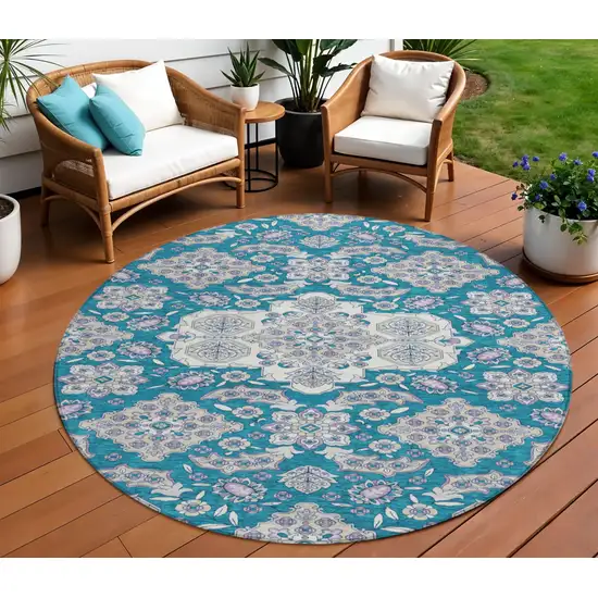 8' Teal Blue Ivory And Lavender Round Medallion Washable Indoor Outdoor Area Rug Photo 2