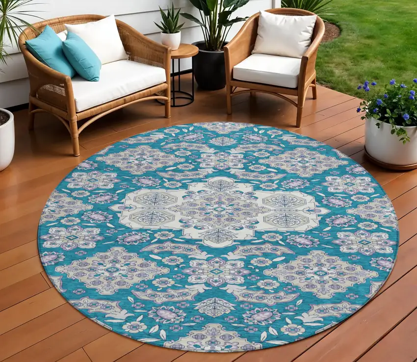 8' Teal Blue Ivory And Lavender Round Medallion Washable Indoor Outdoor Area Rug Photo 2