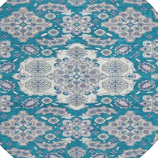 8' Teal Blue Ivory And Lavender Round Medallion Washable Indoor Outdoor Area Rug Photo 4