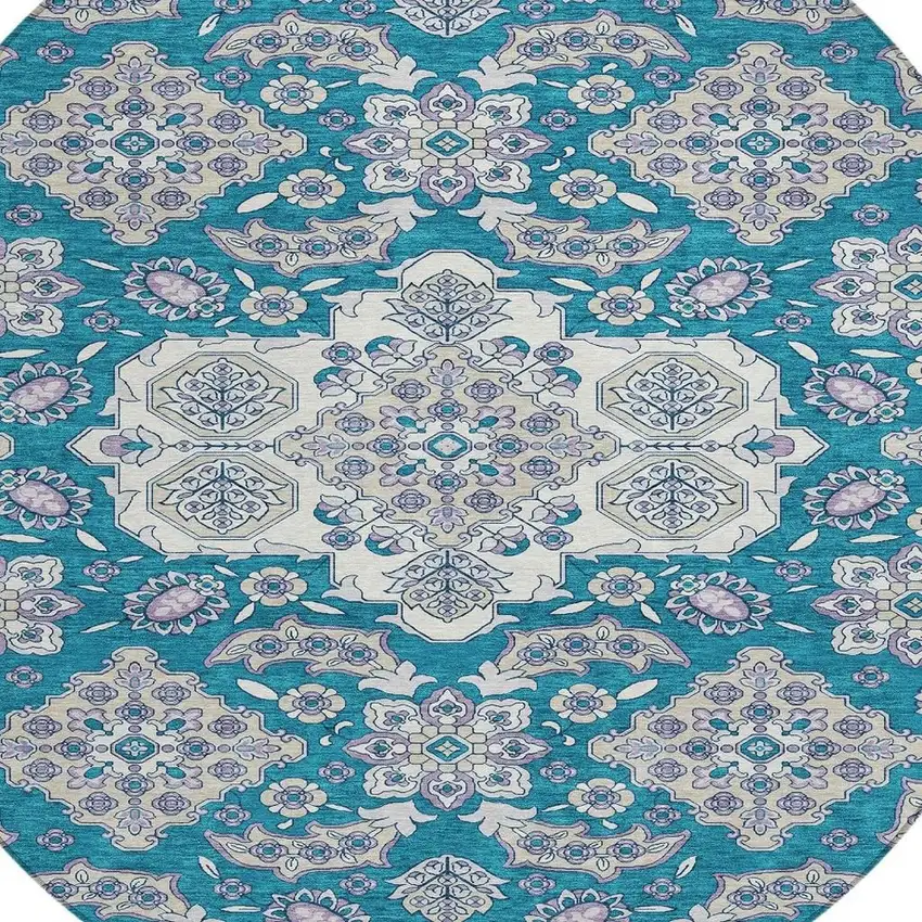 8' Teal Blue Ivory And Lavender Round Medallion Washable Indoor Outdoor Area Rug Photo 4