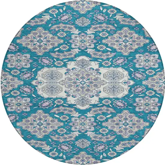8' Teal Blue Ivory And Lavender Round Medallion Washable Indoor Outdoor Area Rug Photo 3