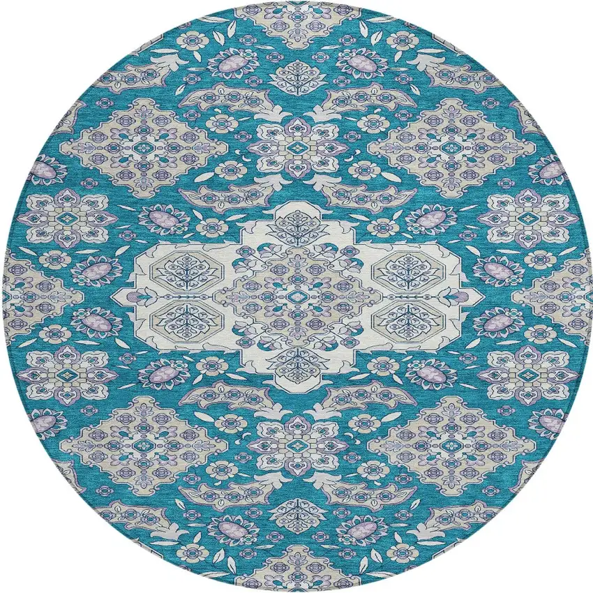 8' Teal Blue Ivory And Lavender Round Medallion Washable Indoor Outdoor Area Rug Photo 3