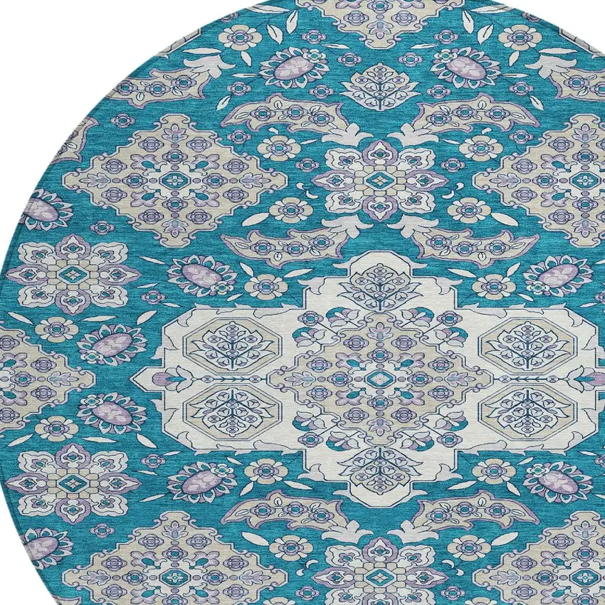 8' Teal Blue Ivory And Lavender Round Medallion Washable Indoor Outdoor Area Rug Photo 8