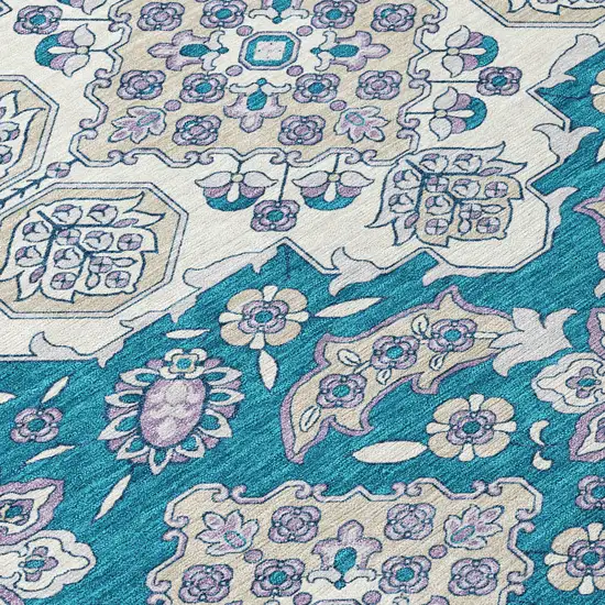 8' Teal Blue Ivory And Lavender Round Medallion Washable Indoor Outdoor Area Rug Photo 9