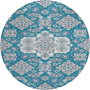 Photo of 8' Teal Blue Ivory And Lavender Round Medallion Washable Indoor Outdoor Area Rug