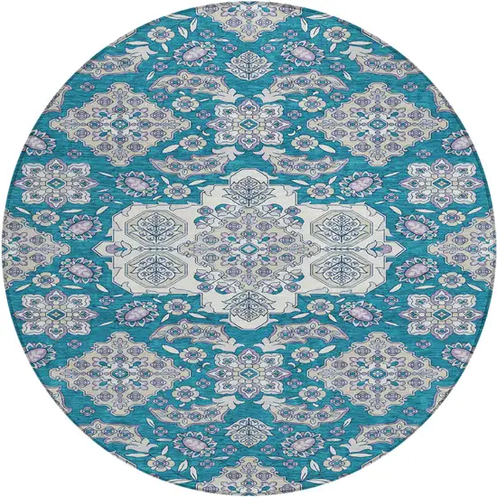 8' Teal Blue Ivory And Lavender Round Medallion Washable Indoor Outdoor Area Rug Photo 1
