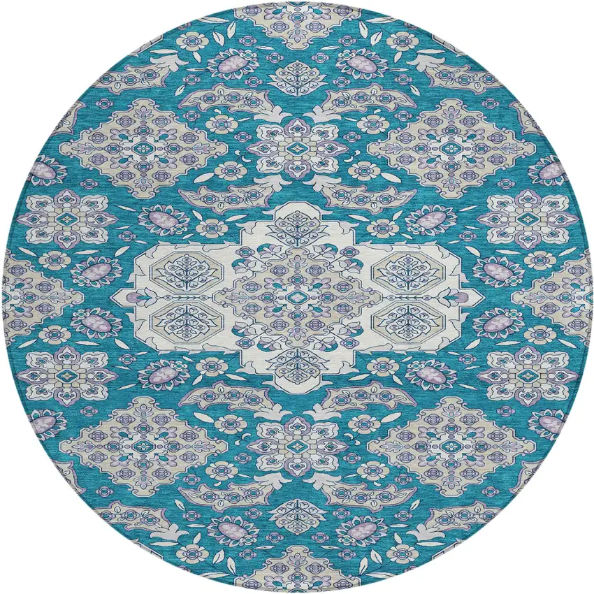 8' Teal Blue Ivory And Lavender Round Medallion Washable Indoor Outdoor Area Rug Photo 1
