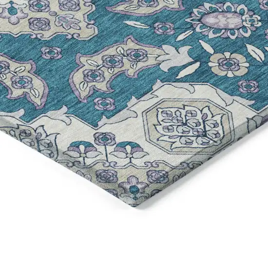 8' Teal Blue Ivory And Lavender Round Medallion Washable Indoor Outdoor Area Rug Photo 7