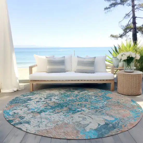 8' Teal Blue Ivory And Light Brown Round Damask Washable Indoor Outdoor Area Rug Photo 7
