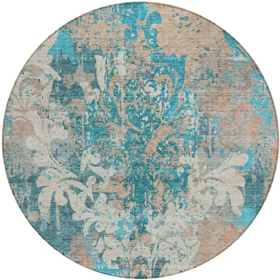 8' Teal Blue Ivory And Light Brown Round Damask Washable Indoor Outdoor Area Rug Photo 2