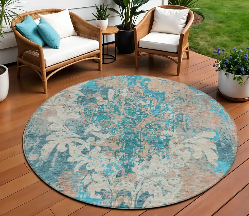 8' Teal Blue Ivory And Light Brown Round Damask Washable Indoor Outdoor Area Rug Photo 1