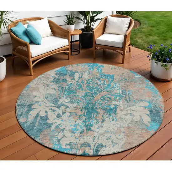 8' Teal Blue Ivory And Light Brown Round Damask Washable Indoor Outdoor Area Rug Photo 1