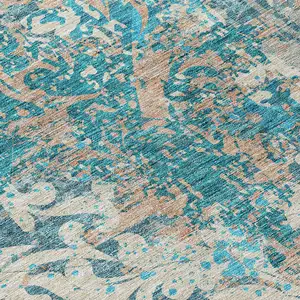 Photo of 8' Teal Blue Ivory And Light Brown Round Damask Washable Indoor Outdoor Area Rug