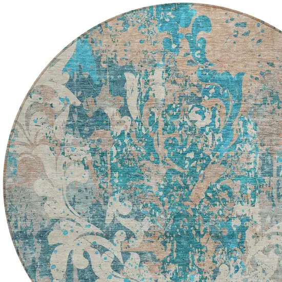 8' Teal Blue Ivory And Light Brown Round Damask Washable Indoor Outdoor Area Rug Photo 6