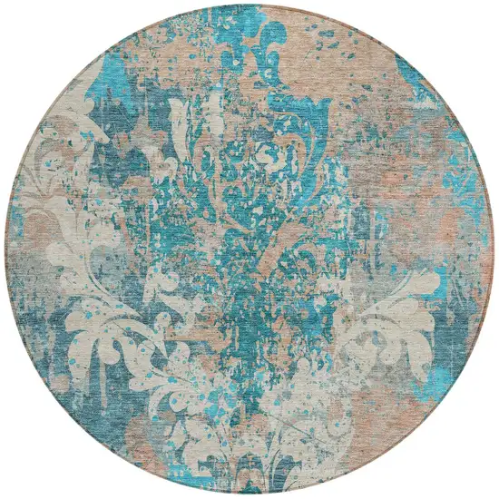 8' Teal Blue Ivory And Light Brown Round Damask Washable Indoor Outdoor Area Rug Photo 4