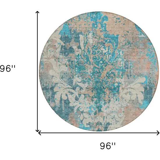 8' Teal Blue Ivory And Light Brown Round Damask Washable Indoor Outdoor Area Rug Photo 3