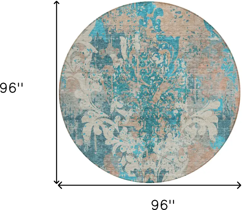 8' Teal Blue Ivory And Light Brown Round Damask Washable Indoor Outdoor Area Rug Photo 3