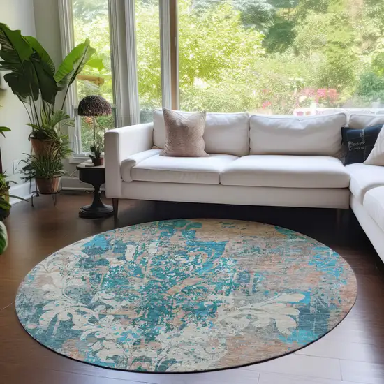 8' Teal Blue Ivory And Light Brown Round Damask Washable Indoor Outdoor Area Rug Photo 8