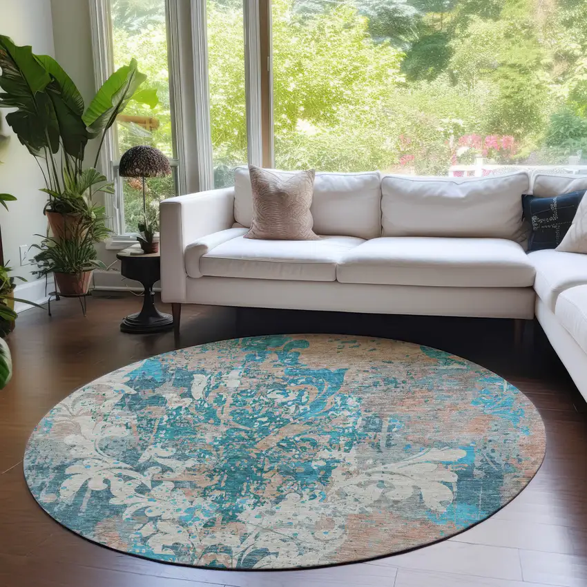8' Teal Blue Ivory And Light Brown Round Damask Washable Indoor Outdoor Area Rug Photo 8