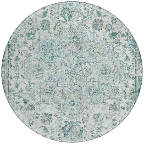 8' Teal Blue Ivory And Pale Aqua Round Floral Medallion Washable Indoor Outdoor Area Rug Photo 3