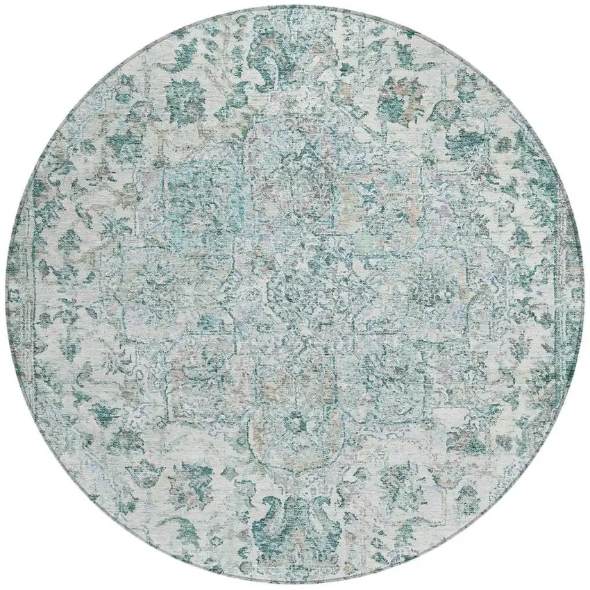 8' Teal Blue Ivory And Pale Aqua Round Floral Medallion Washable Indoor Outdoor Area Rug Photo 3