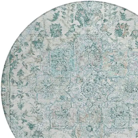 8' Teal Blue Ivory And Pale Aqua Round Floral Medallion Washable Indoor Outdoor Area Rug Photo 5