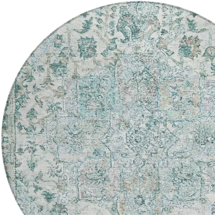 8' Teal Blue Ivory And Pale Aqua Round Floral Medallion Washable Indoor Outdoor Area Rug Photo 5