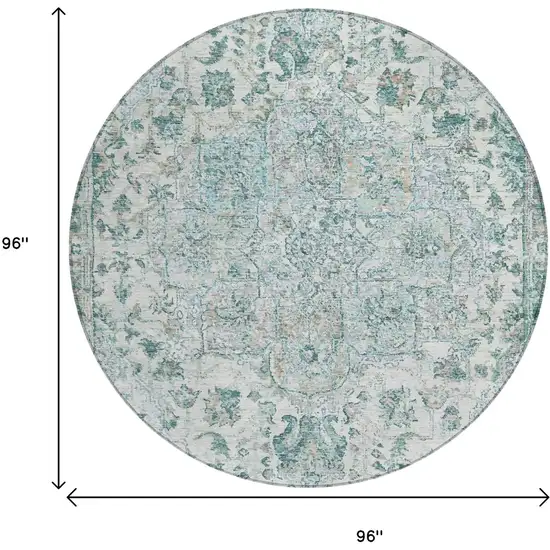 8' Teal Blue Ivory And Pale Aqua Round Floral Medallion Washable Indoor Outdoor Area Rug Photo 8