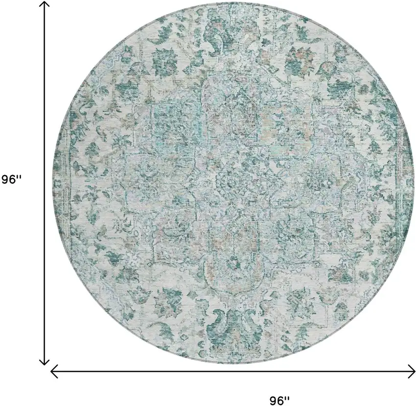 8' Teal Blue Ivory And Pale Aqua Round Floral Medallion Washable Indoor Outdoor Area Rug Photo 8