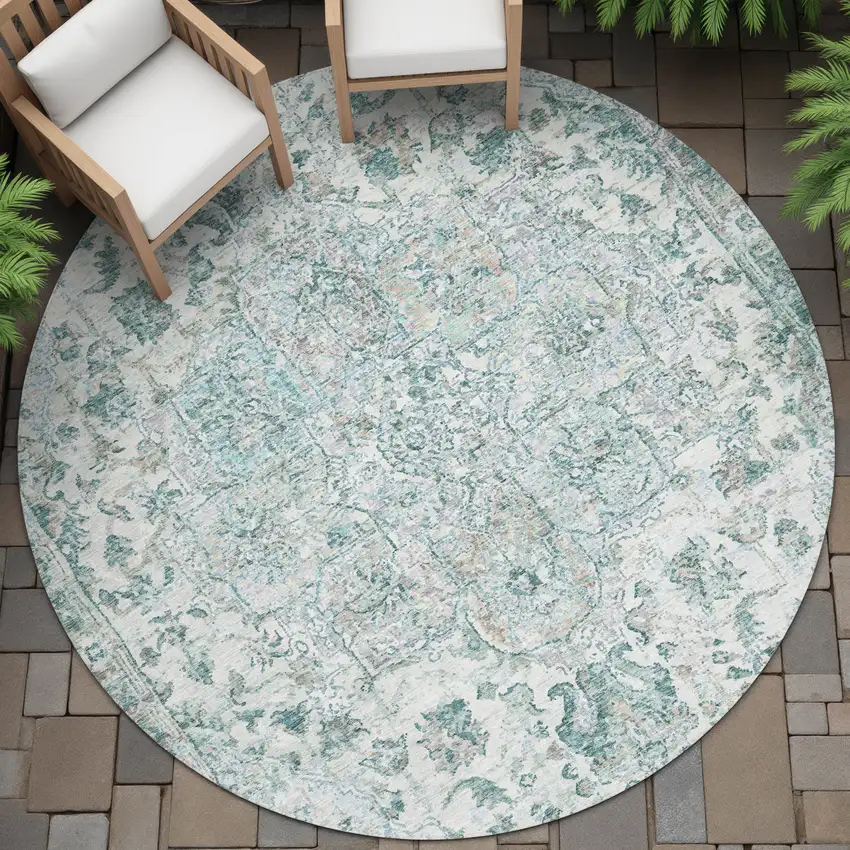 8' Teal Blue Ivory And Pale Aqua Round Floral Medallion Washable Indoor Outdoor Area Rug Photo 6
