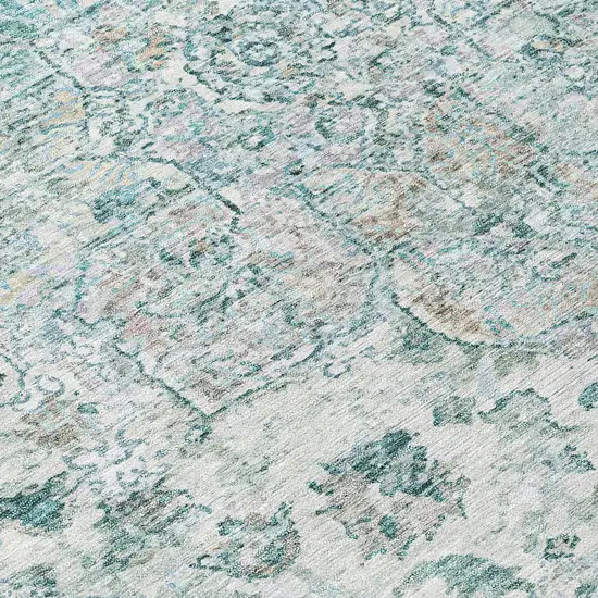 8' Teal Blue Ivory And Pale Aqua Round Floral Medallion Washable Indoor Outdoor Area Rug Photo 9