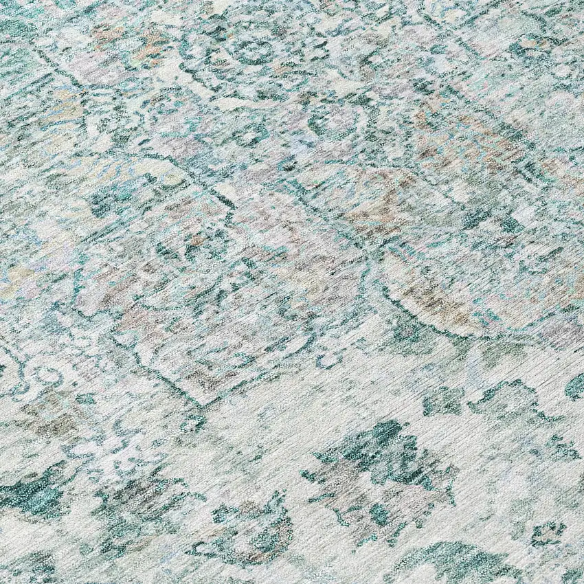 8' Teal Blue Ivory And Pale Aqua Round Floral Medallion Washable Indoor Outdoor Area Rug Photo 9